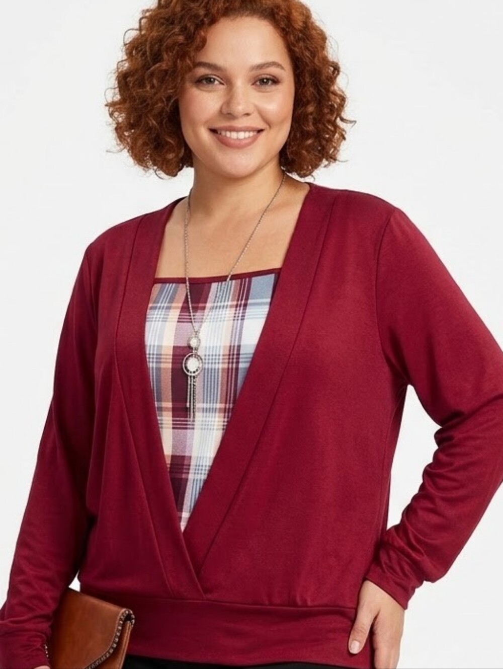 Emery Rose Plus Size Red Plaid Lined Sweater